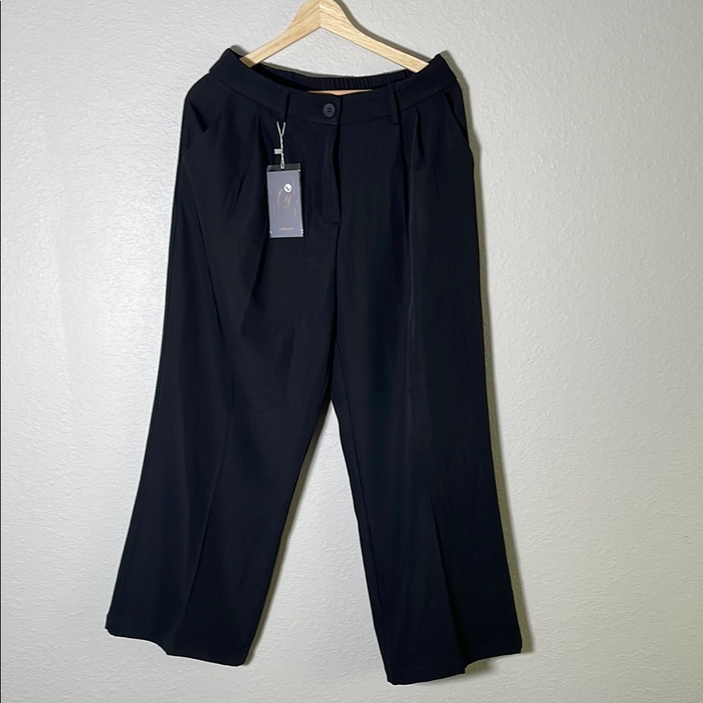 Women's Funyyzo Dress Pants size L Black Elastic Waist Zipper Pleated Pockets
